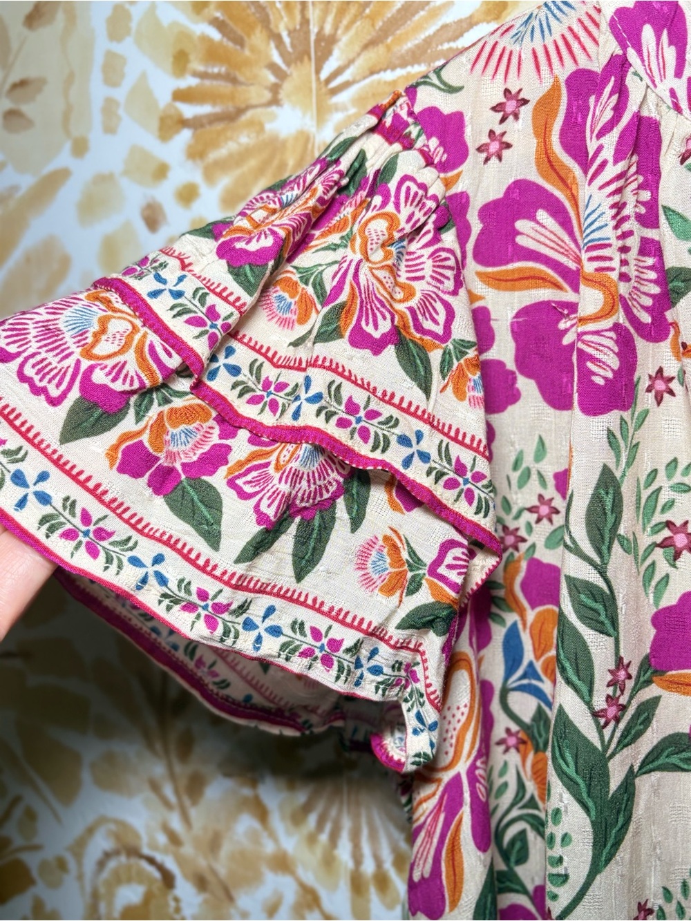 Nicole Miller Floral Blouse Pink Orange Flutter Sleeve Top | Resort Boho Chic - Picture 8 of 11